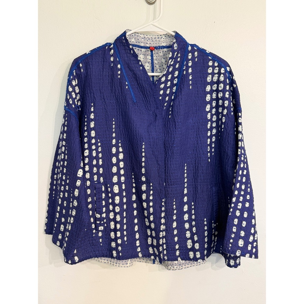 Mieko Mintz Reversible Kantha Jacket Indigo White Hand Stitched Cotton EUC